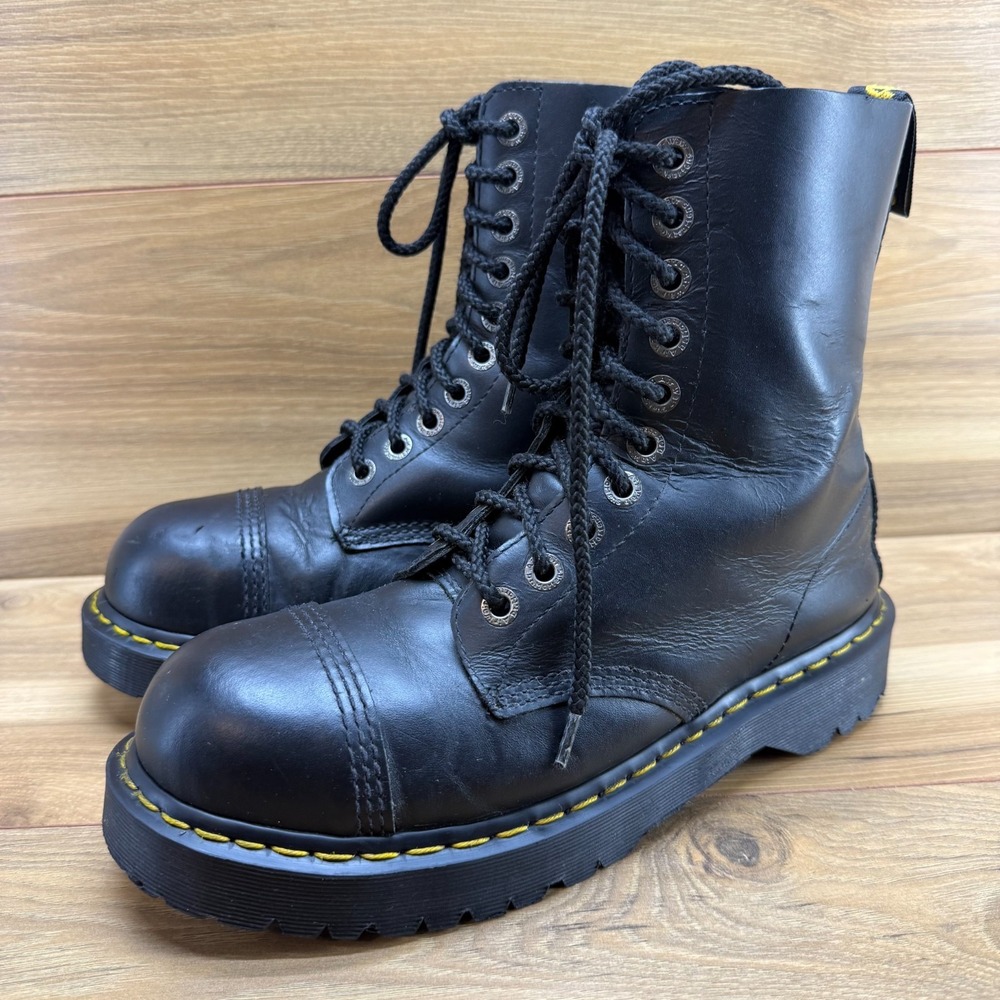 Dr Martens Steel Toe Chunky Combat Work Boots Mens 9 UK 8 Black Leather 10966
